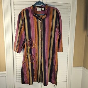 Michael Simon New York Womens Embroidered Striped Tunic Shirt Dress Large